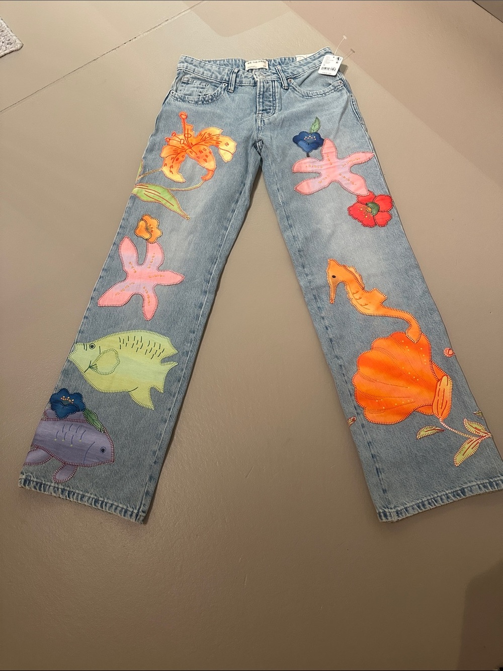 We The Free Light Wash Wide Leg Jeans with Neon Sea Life Appliqués